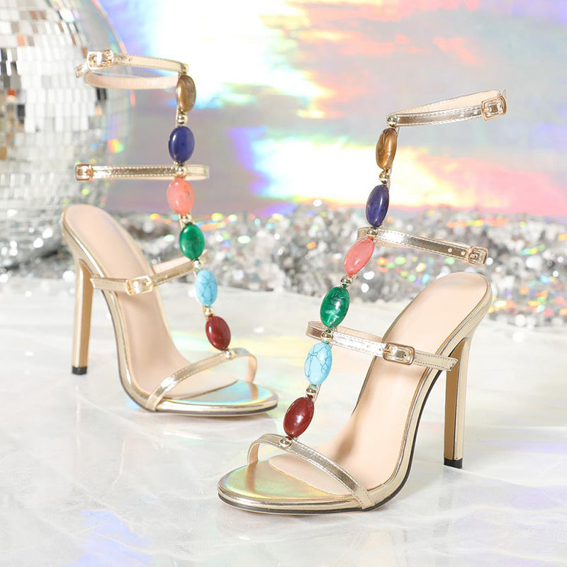 Fashion Colorful Beads Buckle Sandals Women Summer Stiletto High Heel Party Pumps Shoes