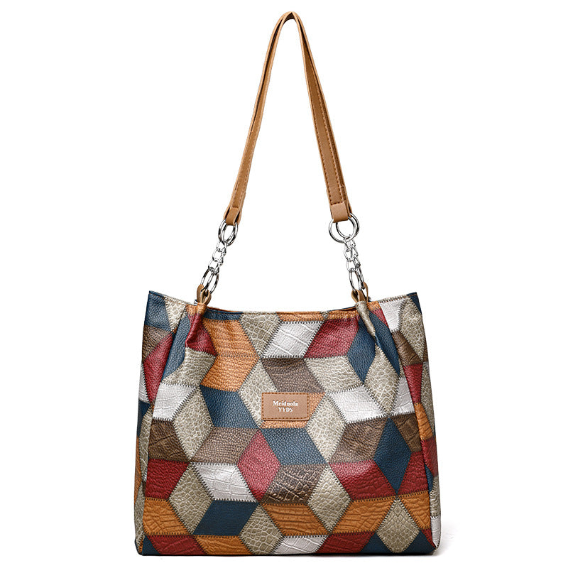 Retro Geometric Pattern Colorblock Shoulder Bag – Large Capacity Fashion Tote Handbag with Stitching Detail for Women