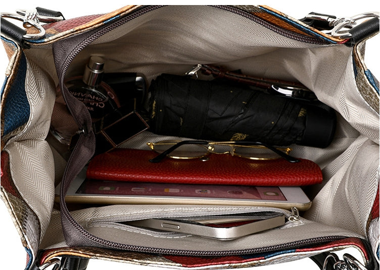 Retro Geometric Pattern Colorblock Shoulder Bag – Large Capacity Fashion Tote Handbag with Stitching Detail for Women