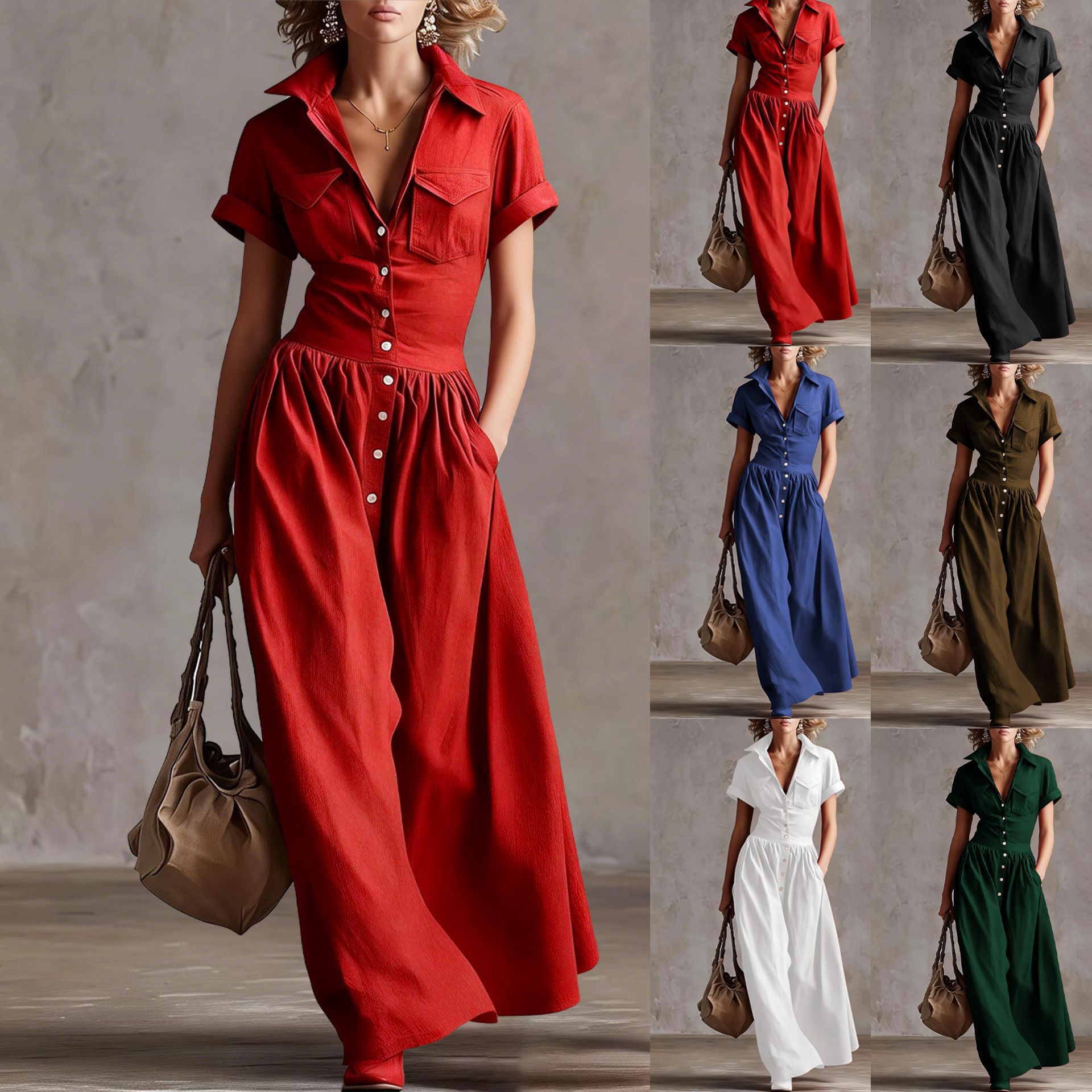 Women's Fashionable Western-Style Long Dress with Short Sleeves – Elegant, Stylish & Comfortable