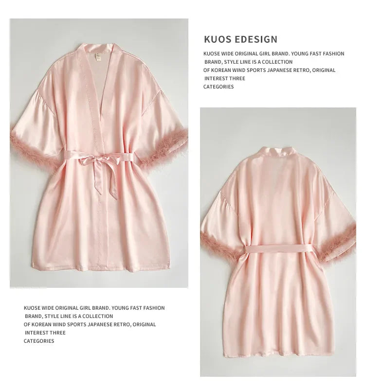 Wedding Satin Kimono Robe for Bride & Bridesmaids – Sexy Feather Sleeve Short Bathrobe Nightgown Lingerie, Intimate Sleepwear, One Size