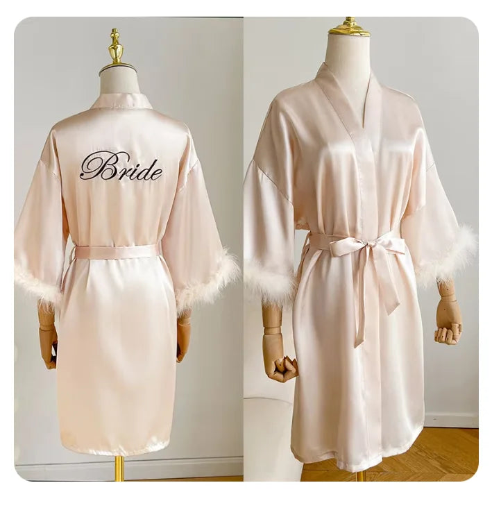 Wedding Satin Kimono Robe for Bride & Bridesmaids – Sexy Feather Sleeve Short Bathrobe Nightgown Lingerie, Intimate Sleepwear, One Size