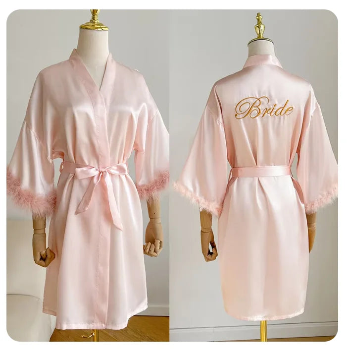 Wedding Satin Kimono Robe for Bride & Bridesmaids – Sexy Feather Sleeve Short Bathrobe Nightgown Lingerie, Intimate Sleepwear, One Size