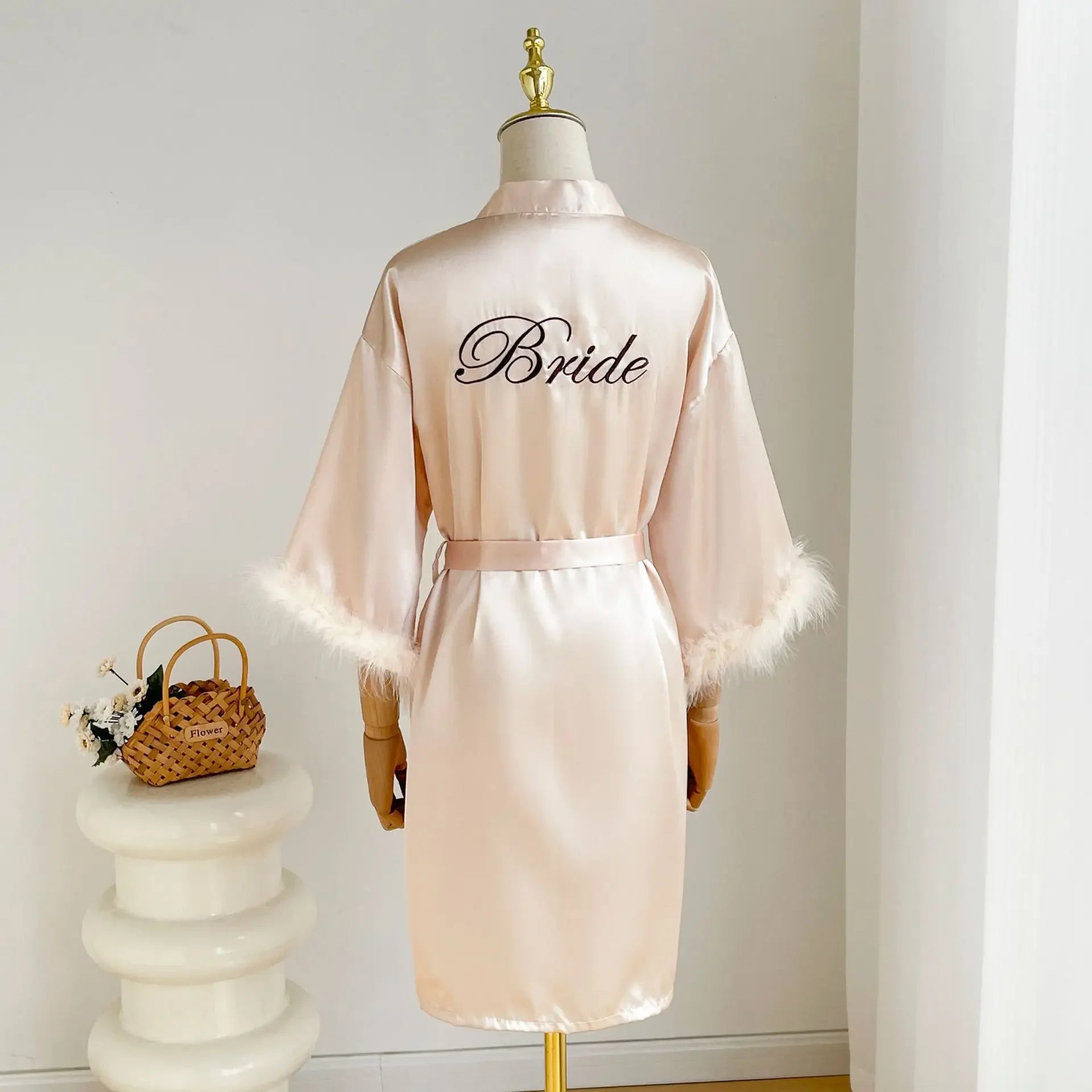 Wedding Satin Kimono Robe for Bride & Bridesmaids – Sexy Feather Sleeve Short Bathrobe Nightgown Lingerie, Intimate Sleepwear, One Size