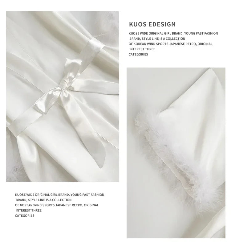 Wedding Satin Kimono Robe for Bride & Bridesmaids – Sexy Feather Sleeve Short Bathrobe Nightgown Lingerie, Intimate Sleepwear, One Size