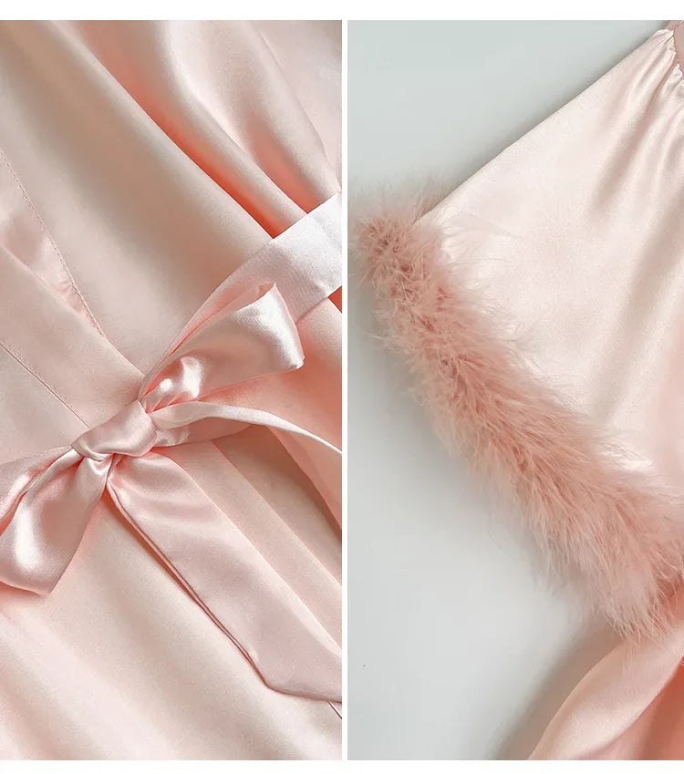 Wedding Satin Kimono Robe for Bride & Bridesmaids – Sexy Feather Sleeve Short Bathrobe Nightgown Lingerie, Intimate Sleepwear, One Size