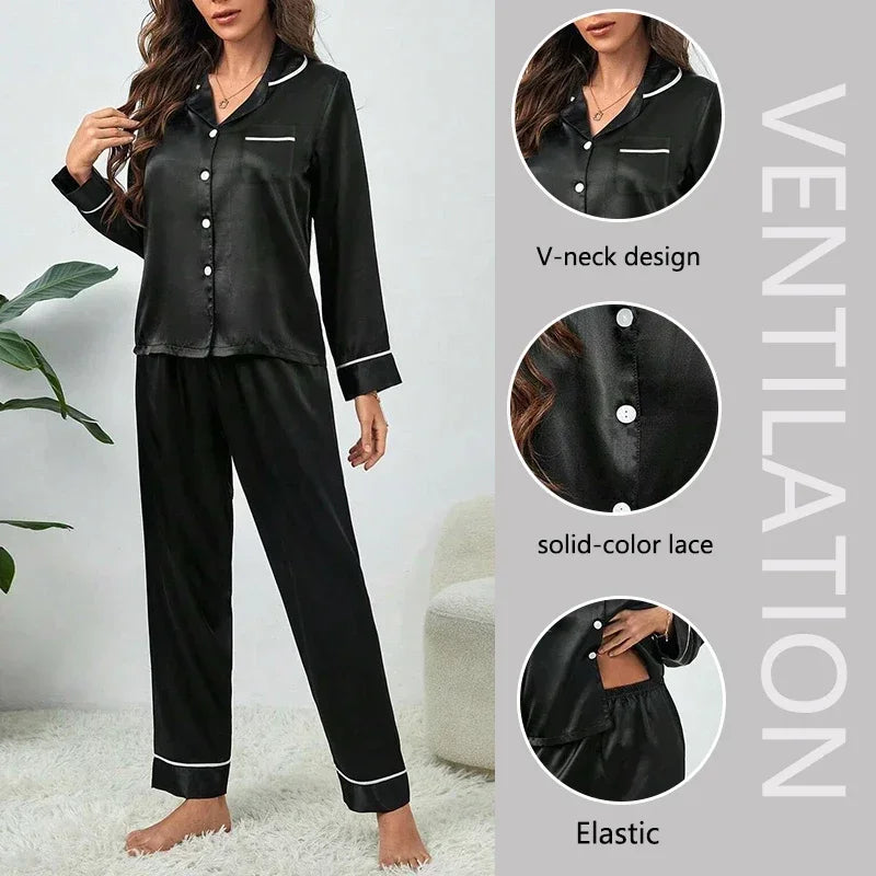 Women's Spring Autumn Silk Pajamas Set - Soft Casual Nightwear with Button-Up Cardigan Top and Solid Color Pants, Comfortable Sleepwear and Homewear