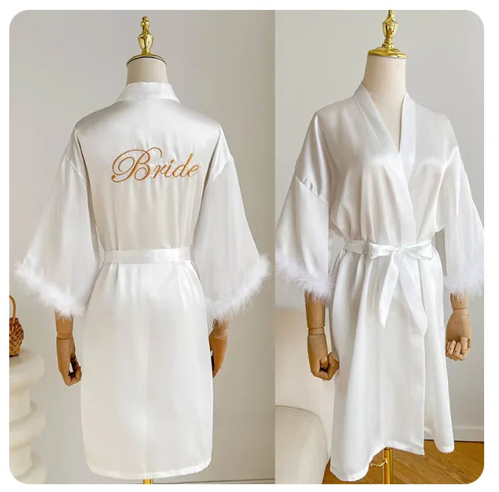 Wedding Satin Kimono Robe for Bride & Bridesmaids – Sexy Feather Sleeve Short Bathrobe Nightgown Lingerie, Intimate Sleepwear, One Size