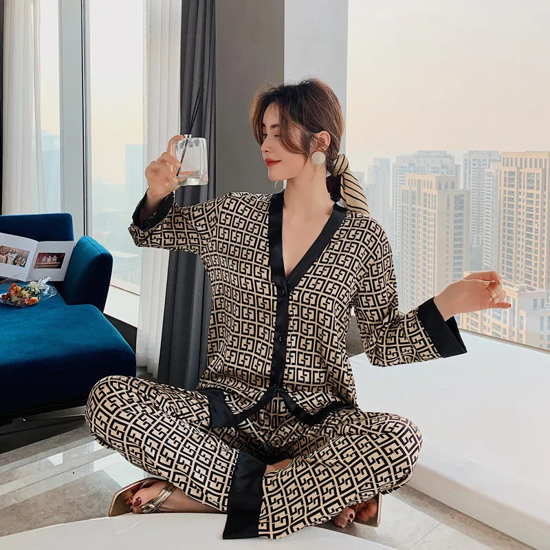 Women’s Luxury V-Neck Pajama Set, Cross Letter Print Silk-Like Sleepwear Nightwear, XXXL Large Size Comfortable Home Clothes