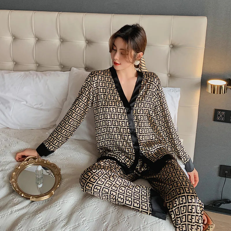 Women’s Luxury V-Neck Pajama Set, Cross Letter Print Silk-Like Sleepwear Nightwear, XXXL Large Size Comfortable Home Clothes