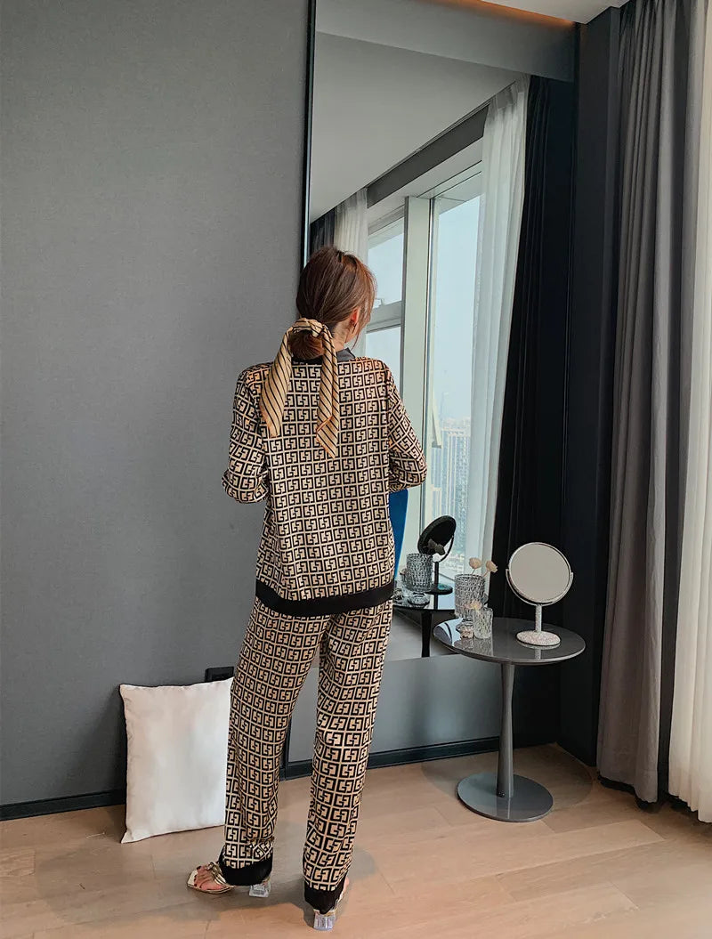 Women’s Luxury V-Neck Pajama Set, Cross Letter Print Silk-Like Sleepwear Nightwear, XXXL Large Size Comfortable Home Clothes