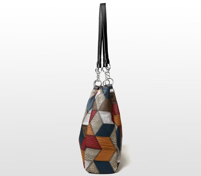 Retro Geometric Pattern Colorblock Shoulder Bag – Large Capacity Fashion Tote Handbag with Stitching Detail for Women
